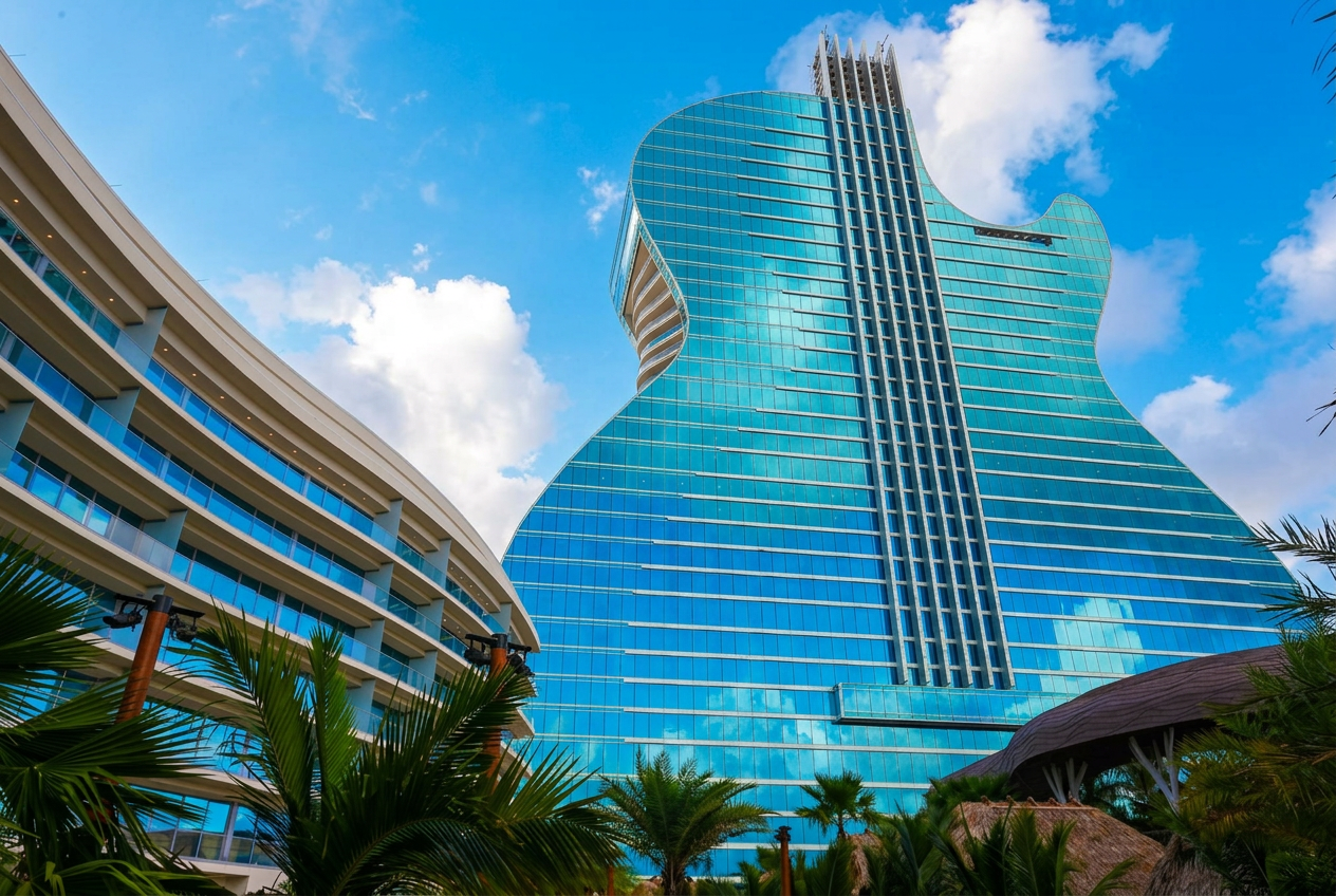 Iconic guitar-shaped hotel tower against a bright sky